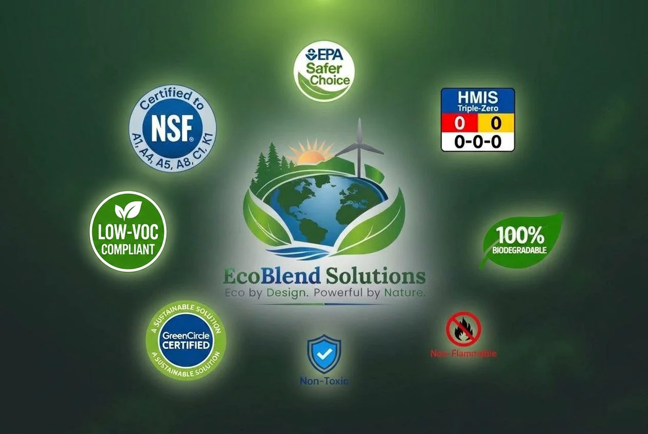 EcoBlend certifications: NSF, EPA Safer Choice, GreenCircle Certified, low-VOC compliant, non-toxic, non-flammable, HMIS triple-zero and 100% biodegradable
