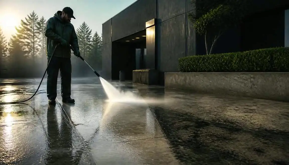 Contractor pressure washing a commercial concrete driveway